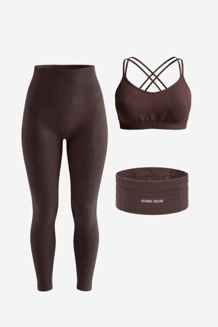 Conjunt esportiu Move chocolate (sostenidor, legging i short) – Etereo House