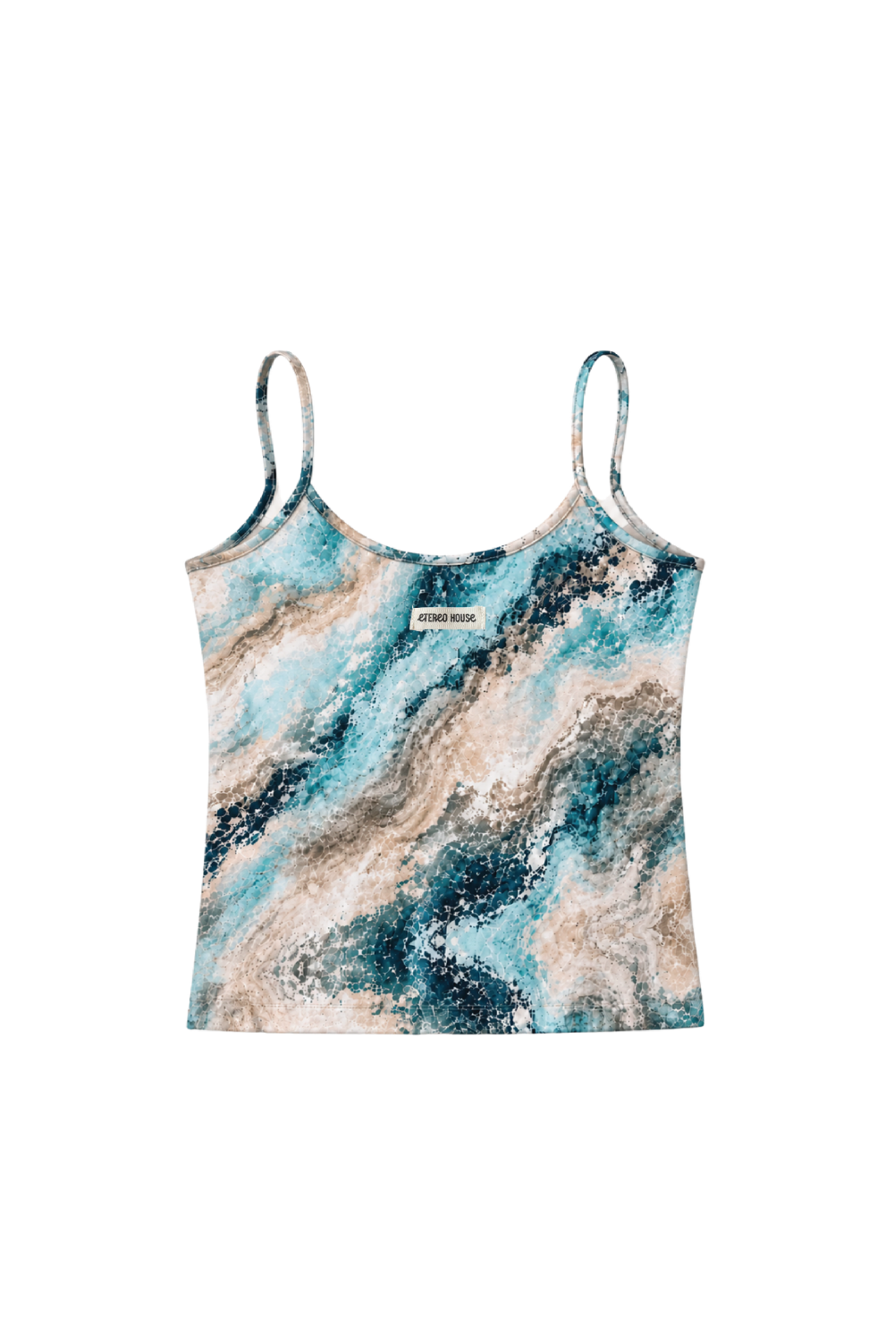 Top de tirantes deportivo Nora estampado azul ocean para mujer – producto vista delantera - Etereo House