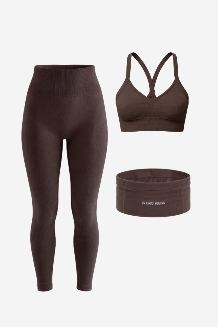 Conjunt esportiu Power chocolate (sostenidor, legging i short) – Etereo House
