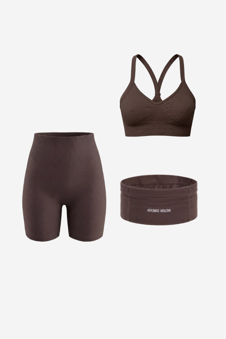 Conjunt esportiu Sculpt chocolate (sostenidor, legging i short) – Etereo House